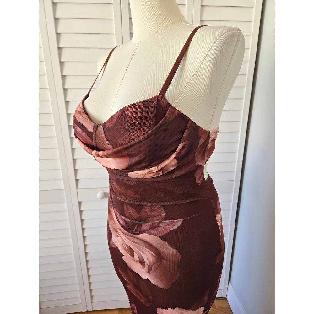 Madden Girl Brown Rose Mesh Cutout Midi Dress XL Y2K Romantic Bodycon Cocktail - Picture 3 of 9
